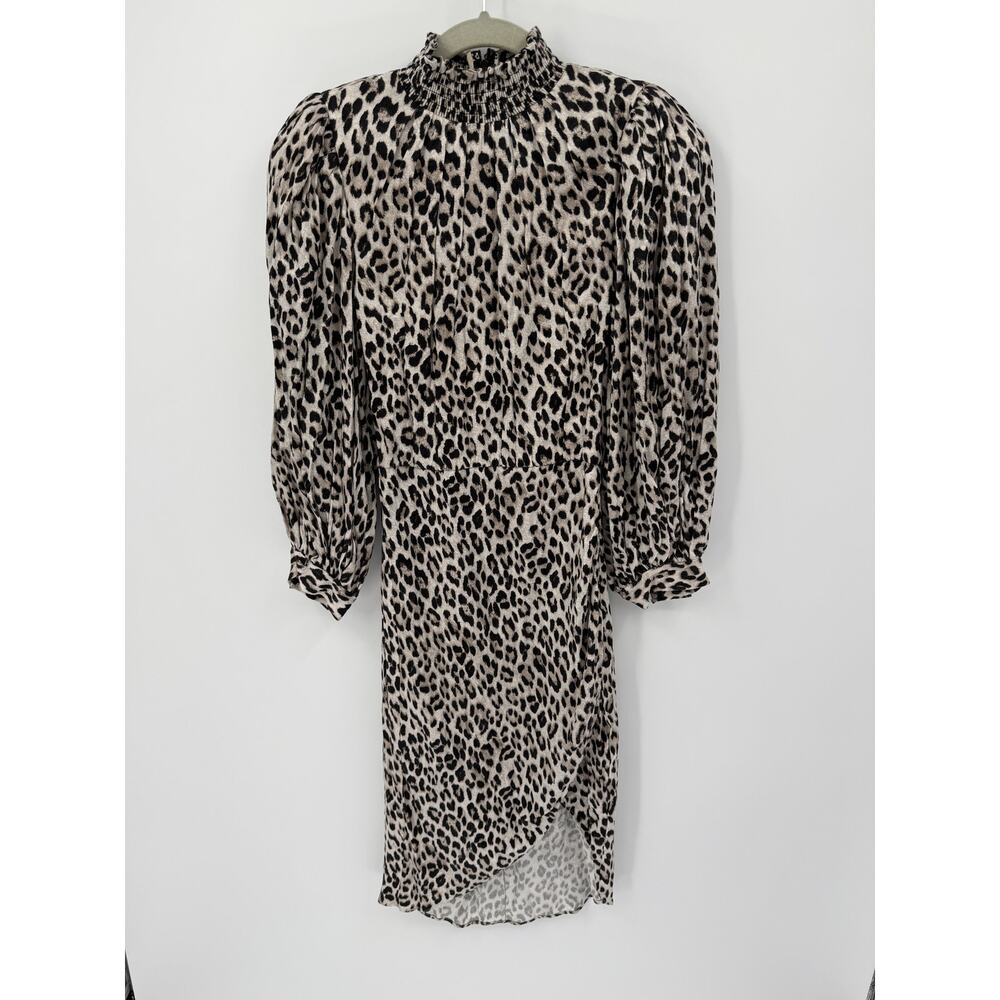 Alice + Olivia Leopard Mock Neck Puff Sleeve Mini Dress Size 0 Cupro Viscose - Picture 2 of 6
